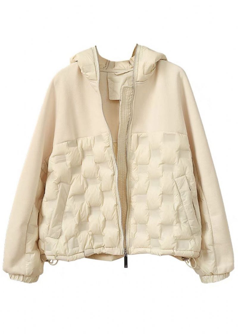 Luxe Beige Hooded Patchwork Zakken Winter Eendendonsjassen - Beige