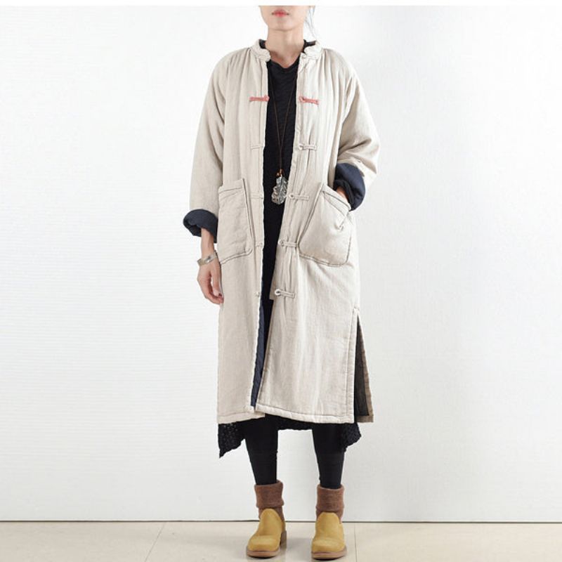 Luxe Beige Witte Vrijetijdsjas Losvallende Katoenen Jas Elegante Open Trenchcoat Met Chinese Knop Aan De Zijkant