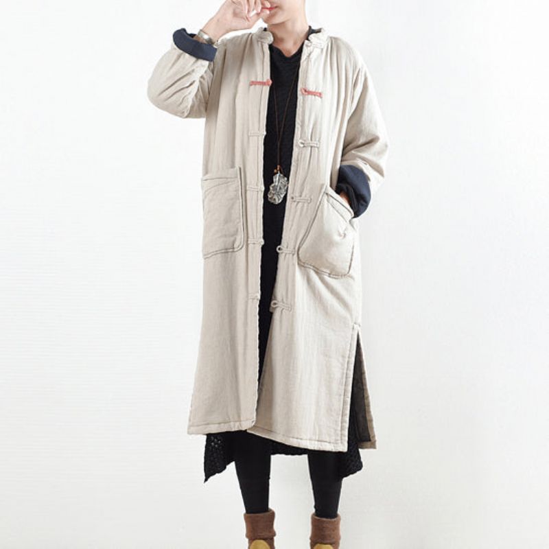 Luxe Beige Witte Vrijetijdsjas Losvallende Katoenen Jas Elegante Open Trenchcoat Met Chinese Knop Aan De Zijkant - Rood