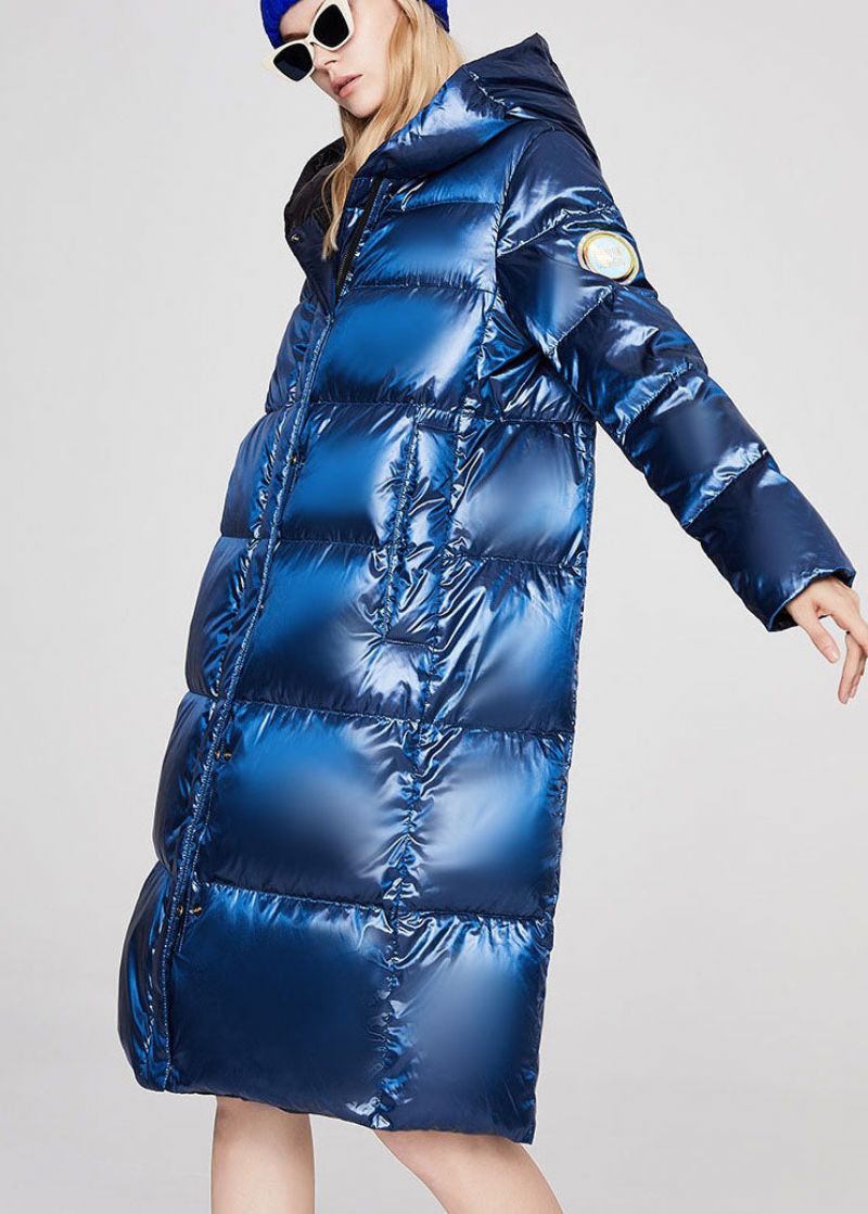 Luxe Blauwe Zakken Met Ritssluiting Losse Winter-eendendonsjas - Blauw