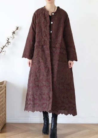 Luxe Chocolade Damesjassen Oversized Warme Winterjas O-hals Jacquard Uitloper