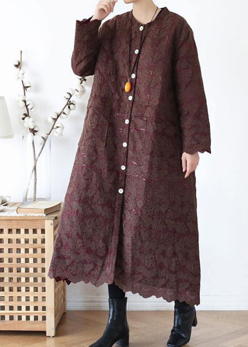 Luxe Chocolade Damesjassen Oversized Warme Winterjas O-hals Jacquard Uitloper - Rood