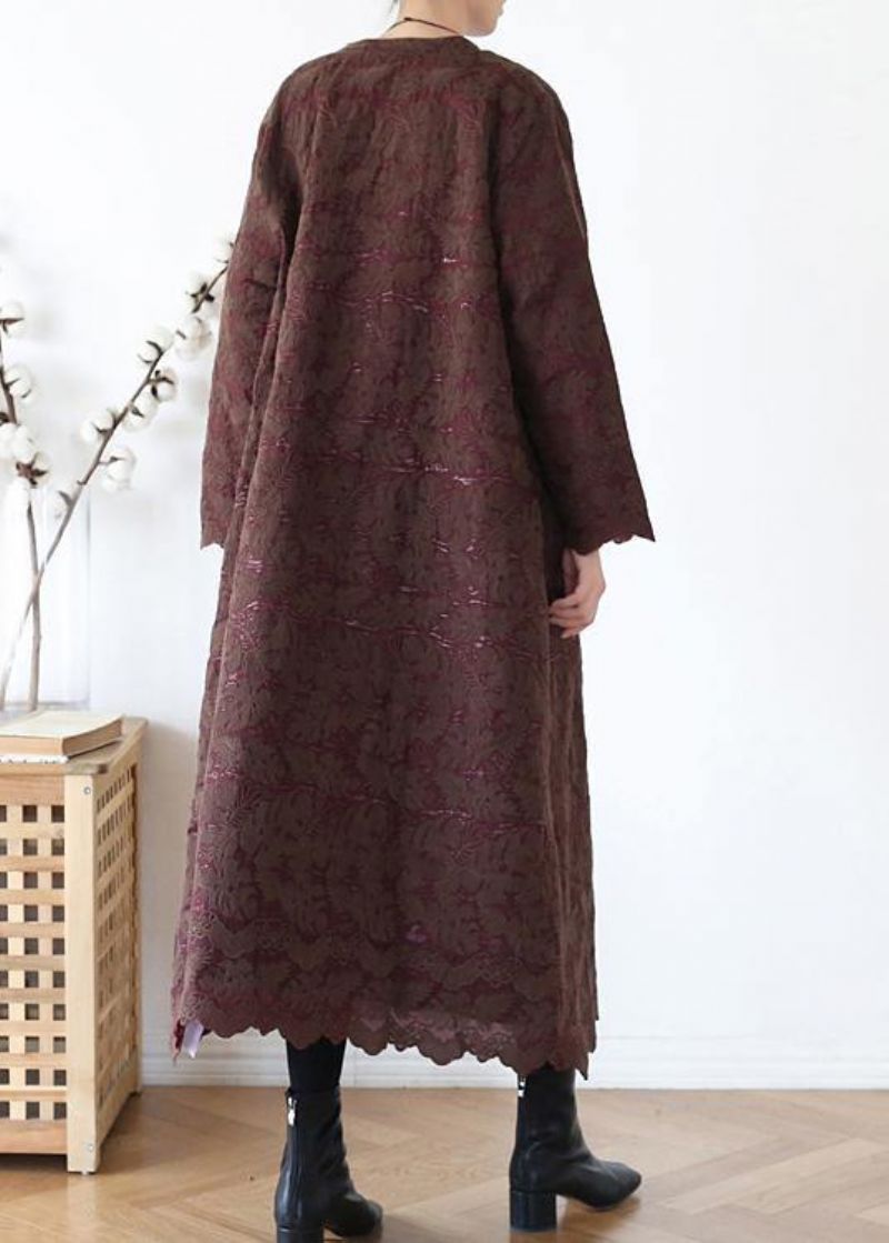 Luxe Chocolade Damesjassen Oversized Warme Winterjas O-hals Jacquard Uitloper - Rood