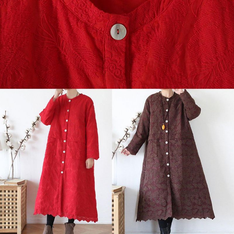 Luxe Chocolade Damesjassen Oversized Warme Winterjas O-hals Jacquard Uitloper - Rood