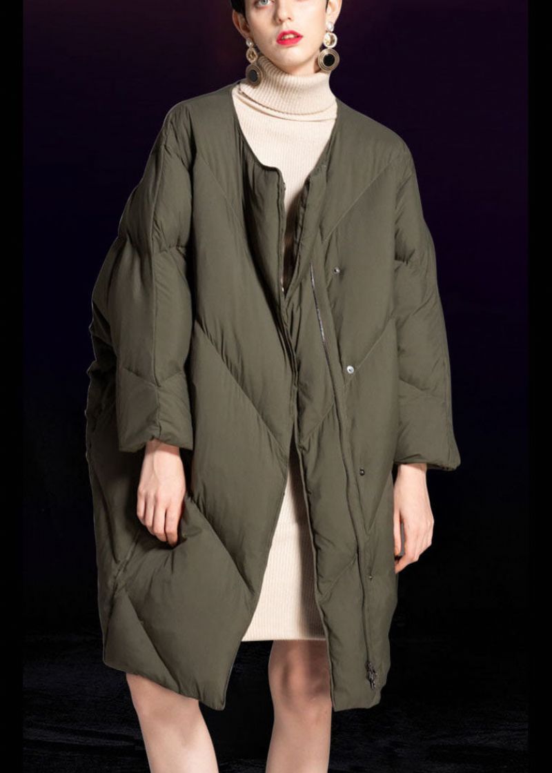 Luxe Groene O-hals Losse Winter-eendendonsjassen Met Ritssluiting - Dames donsjacks