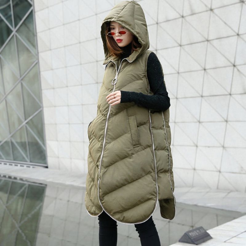 Luxe Legergroene Parka Casual Donsjas Met Capuchon Dames Mouwloze Trenchcoat - Dames donsjacks