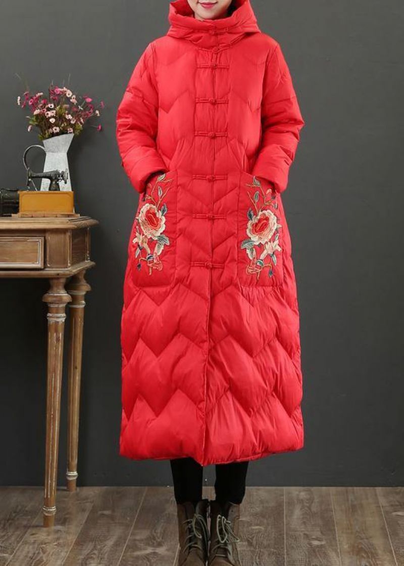 Luxe Oversized Donsjack Rode Geborduurde Warme Winterjas Met Capuchon - Rood