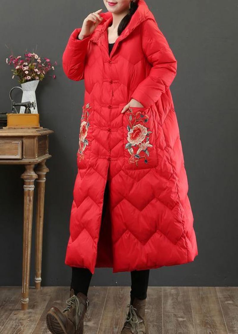 Luxe Oversized Donsjack Rode Geborduurde Warme Winterjas Met Capuchon - Rood