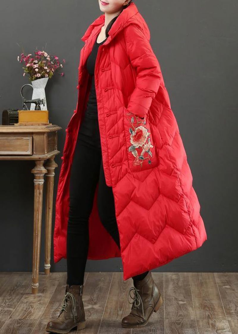 Luxe Oversized Donsjack Rode Geborduurde Warme Winterjas Met Capuchon - Rood