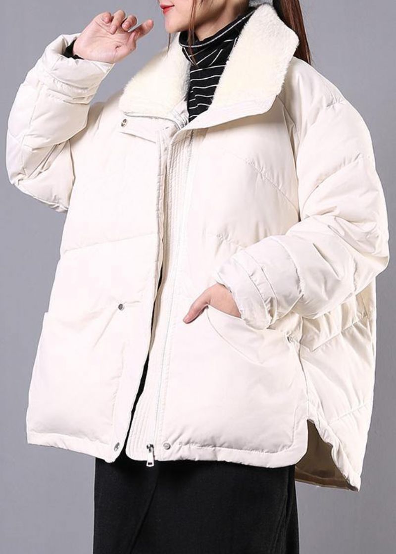 Luxe Plus Size Revers Winteroutwear Beige Damesparka Met Zakken En Ritssluiting