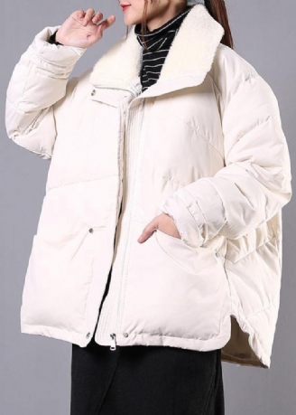 Luxe Plus Size Revers Winteroutwear Beige Damesparka Met Zakken En Ritssluiting