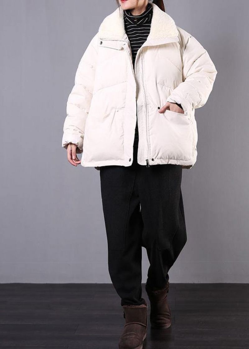 Luxe Plus Size Revers Winteroutwear Beige Damesparka Met Zakken En Ritssluiting - Blauw