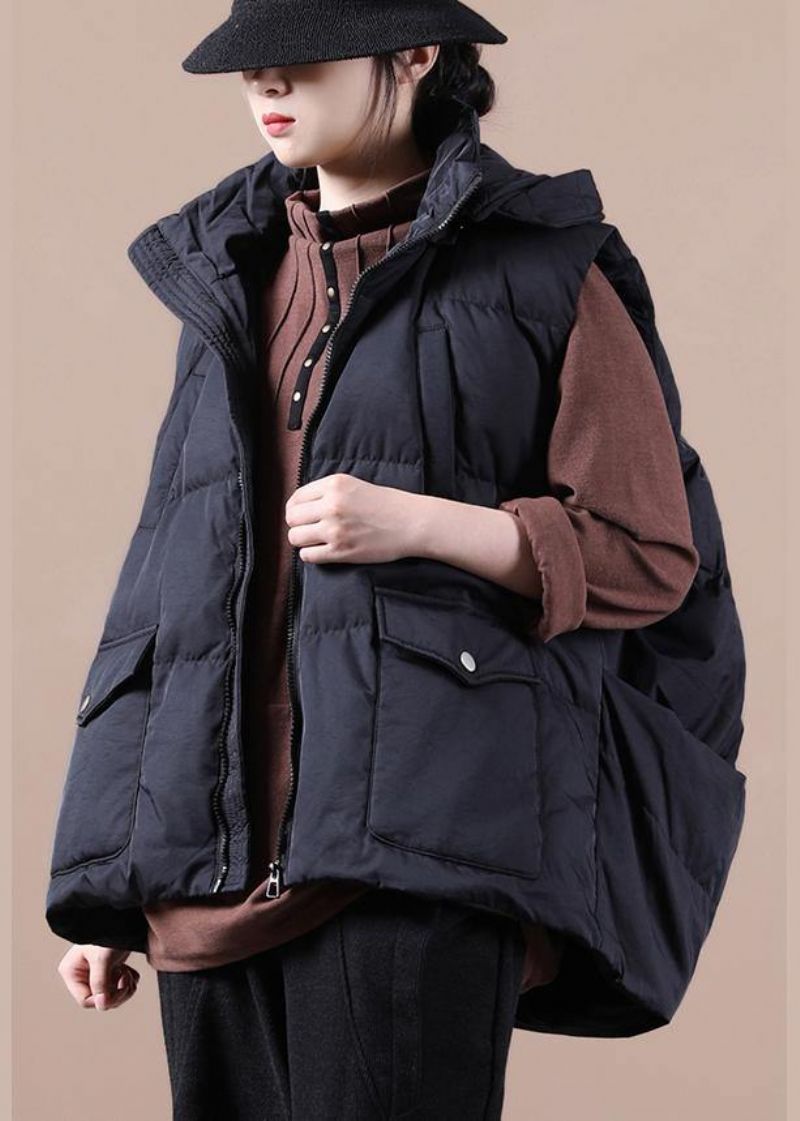 Luxe Zwart Donsjack Dames Oversized Parka Met Opstaande Kraagzakken Casual Vest