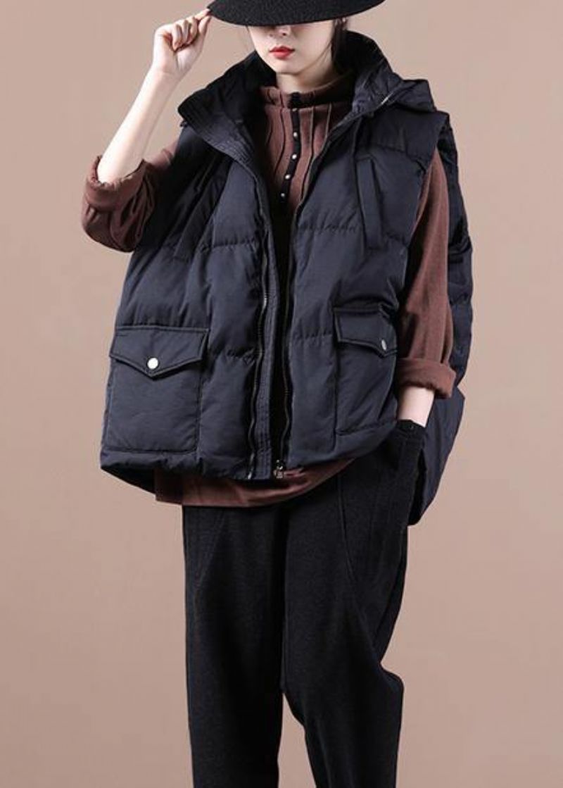 Luxe Zwart Donsjack Dames Oversized Parka Met Opstaande Kraagzakken Casual Vest - Zwart