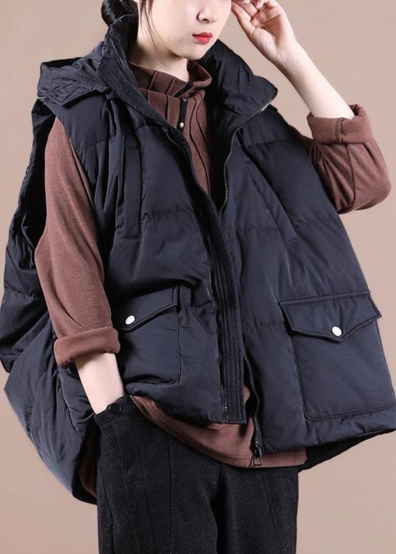 Luxe Zwart Donsjack Dames Oversized Parka Met Opstaande Kraagzakken Casual Vest - Zwart