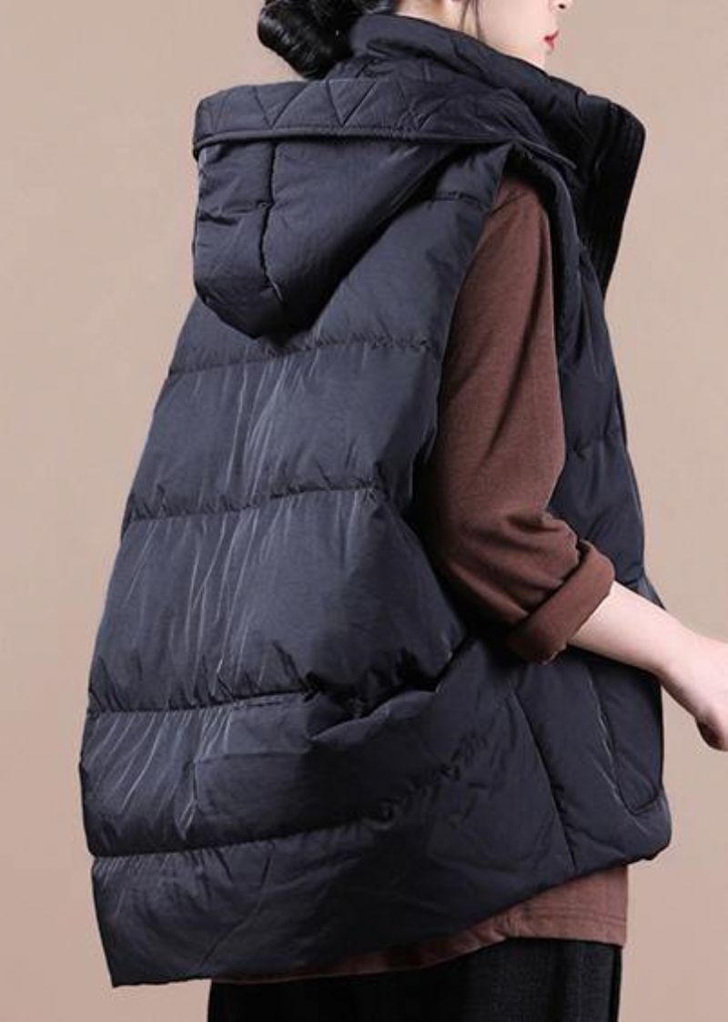 Luxe Zwart Donsjack Dames Oversized Parka Met Opstaande Kraagzakken Casual Vest - Zwart