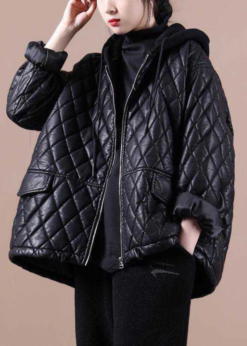 Luxe Zwarte Patchwork Winterjassen Met Capuchon Lange Mouwen En Ritssluiting