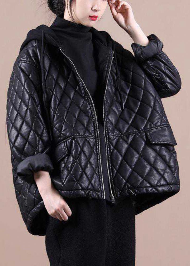 Luxe Zwarte Patchwork Winterjassen Met Capuchon Lange Mouwen En Ritssluiting - Dames donsjacks