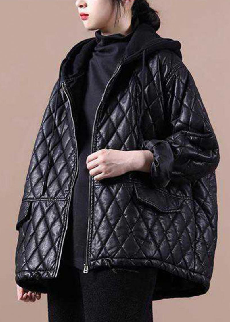 Luxe Zwarte Patchwork Winterjassen Met Capuchon Lange Mouwen En Ritssluiting - Dames donsjacks