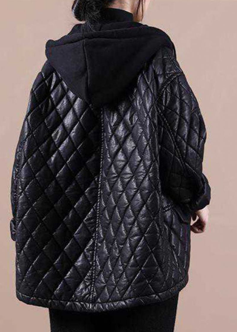 Luxe Zwarte Patchwork Winterjassen Met Capuchon Lange Mouwen En Ritssluiting - Dames donsjacks