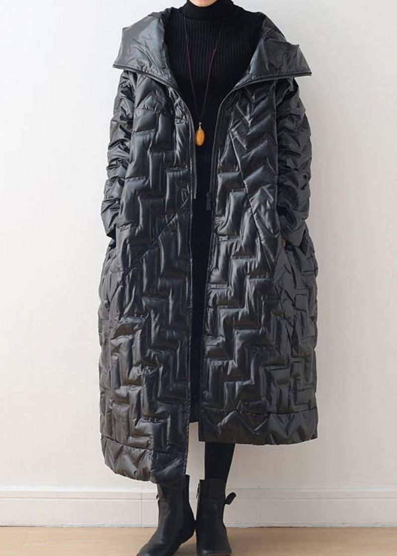 Luxe Zwarte Warme Winterjas Plussize Donsjack Met Capuchon Glanzendnieuwe Jassen - Zilver