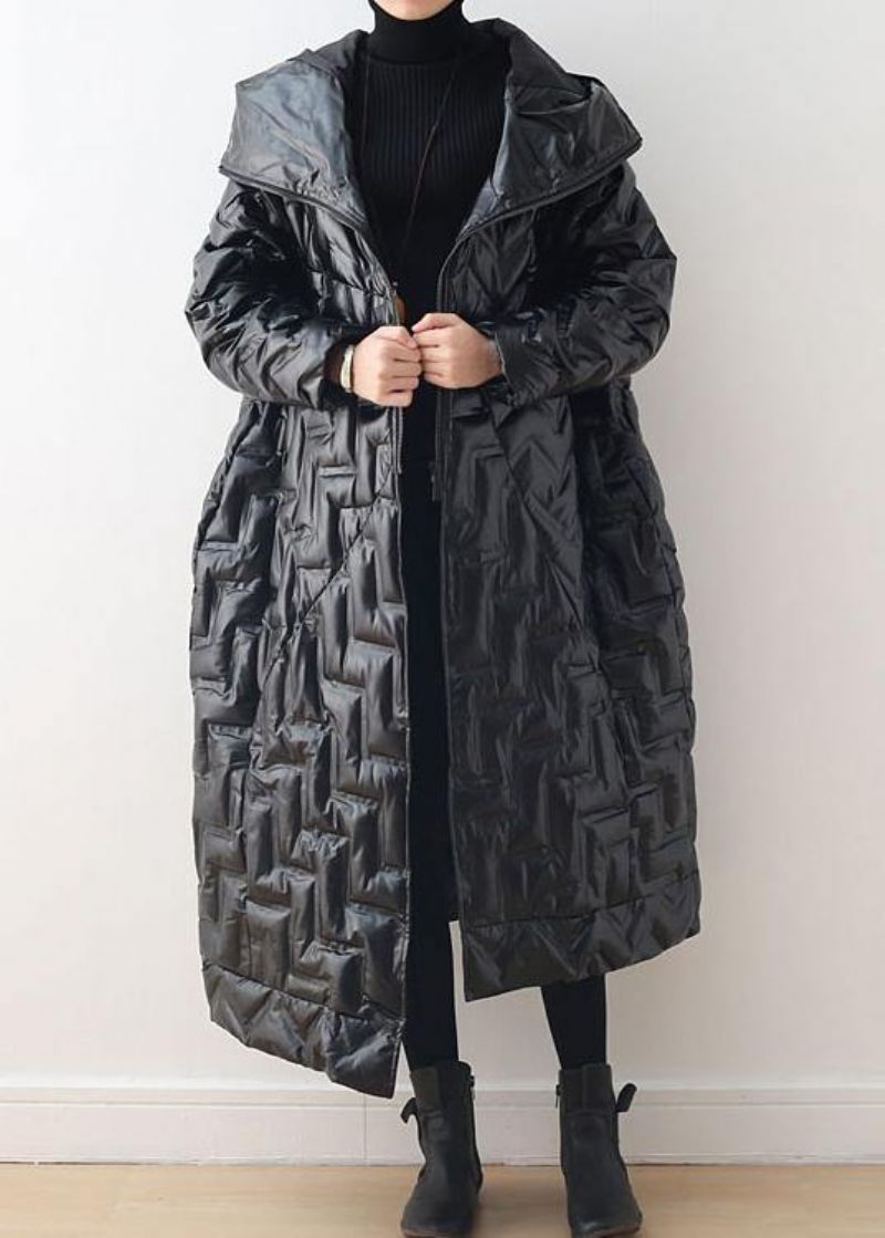 Luxe Zwarte Warme Winterjas Plussize Donsjack Met Capuchon Glanzendnieuwe Jassen - Zilver