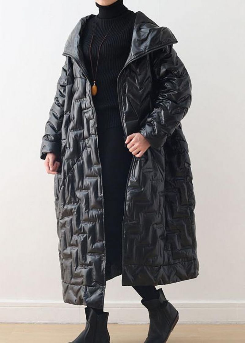 Luxe Zwarte Warme Winterjas Plussize Donsjack Met Capuchon Glanzendnieuwe Jassen - Zilver