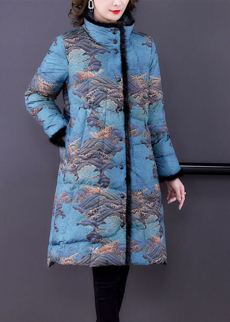 Mode Blauwe Nepbontkraag Print Fijne Katoenen Gevulde Pufferjassen Winter - Dames donsjacks