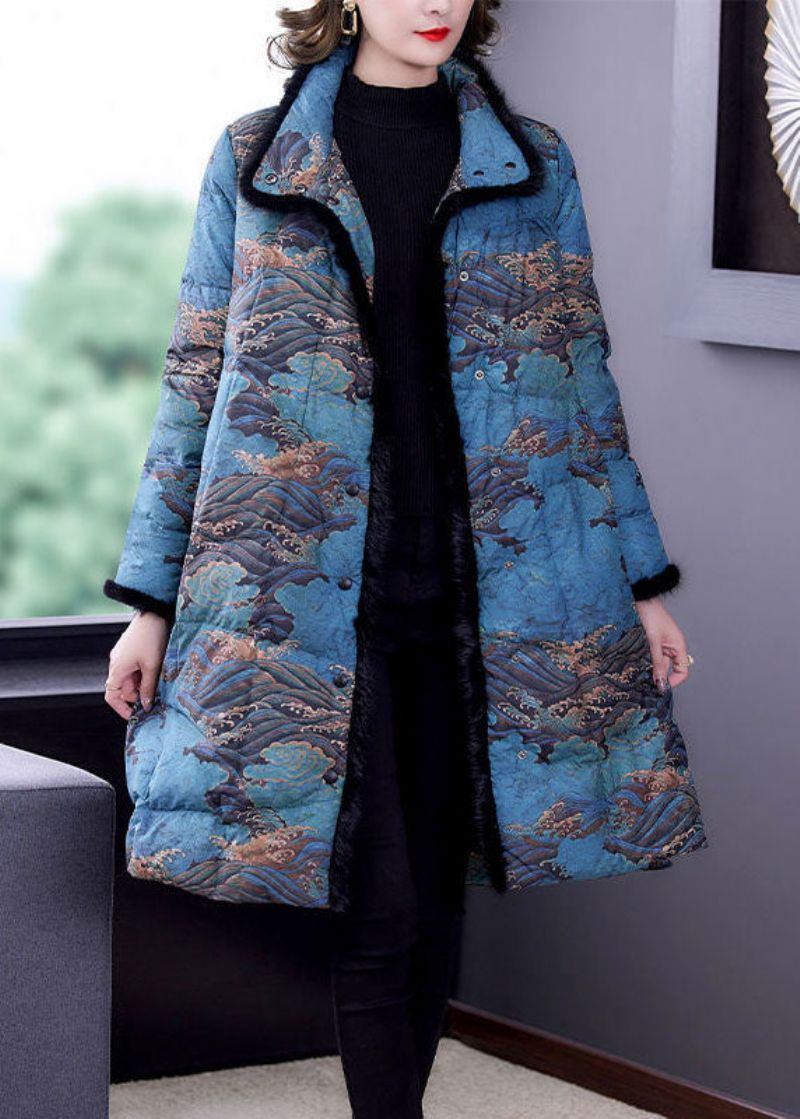 Mode Blauwe Nepbontkraag Print Fijne Katoenen Gevulde Pufferjassen Winter - Dames donsjacks