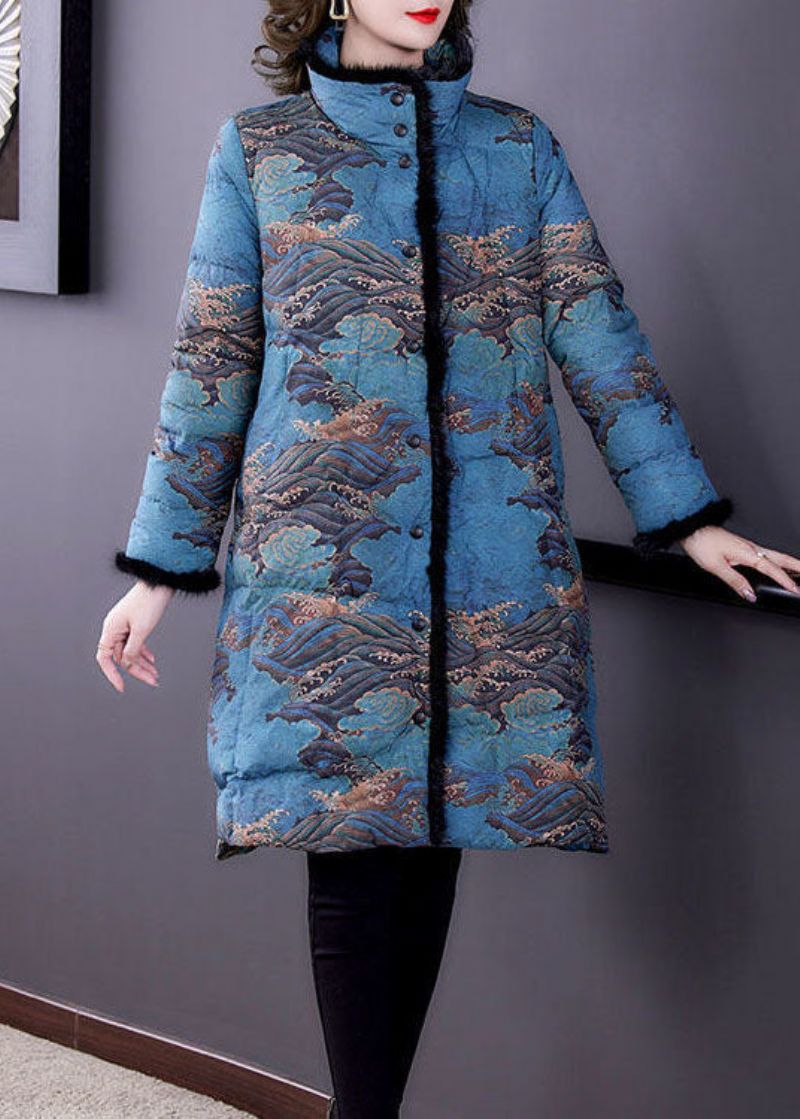 Mode Blauwe Nepbontkraag Print Fijne Katoenen Gevulde Pufferjassen Winter - Dames donsjacks