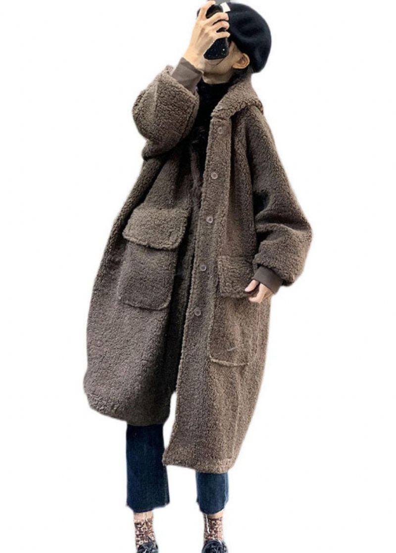 Mode Chocolade Oversized Teddy Nepbont Lange Jassen Winter - Koffie