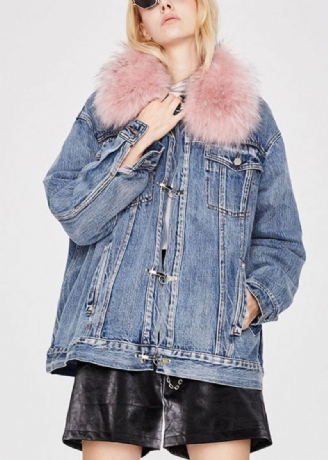 Mode Denimblauw Roze Bontkraag Winter Eend Donsjack