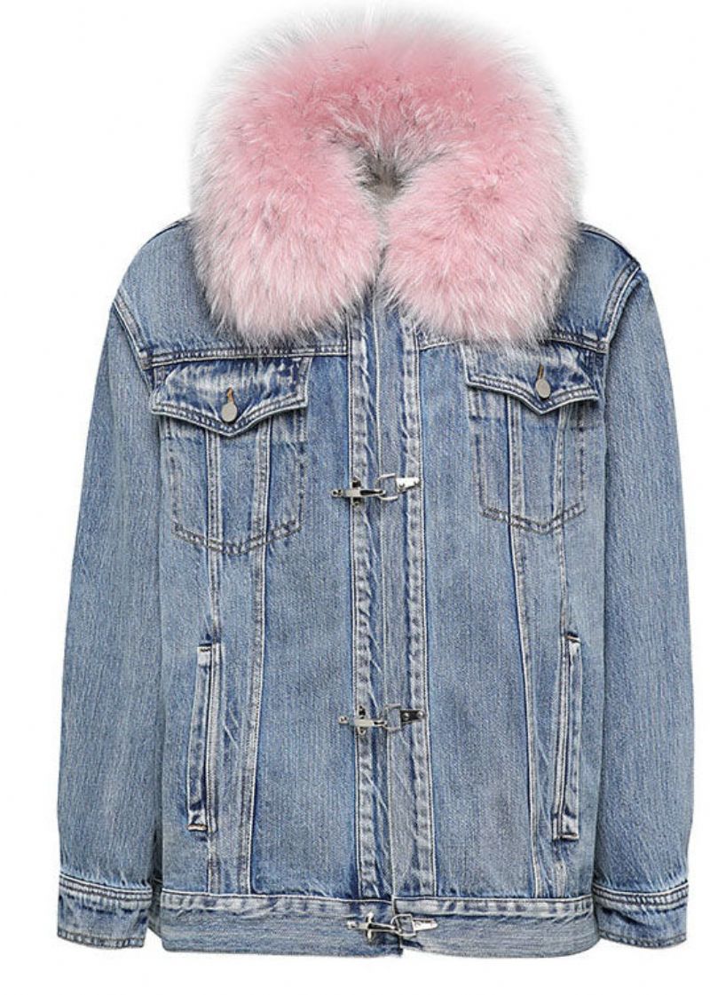 Mode Denimblauw Roze Bontkraag Winter Eend Donsjack - Dames donsjacks