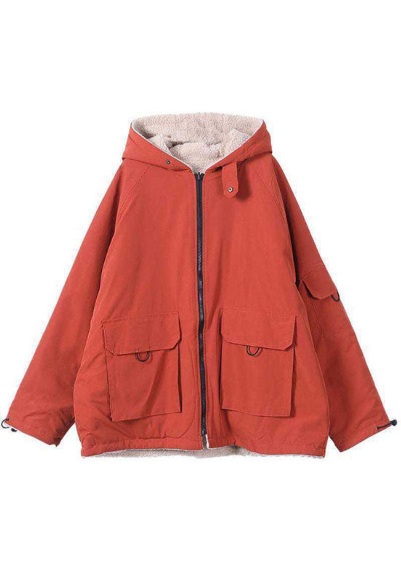 Mode Oranje Capuchon Met Ritssluiting En Zakken Met Losse Winterparka's - Dames donsjacks