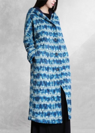 Mode Parka Met Blauwe Print Loszittende Donsjas Met Knopen En