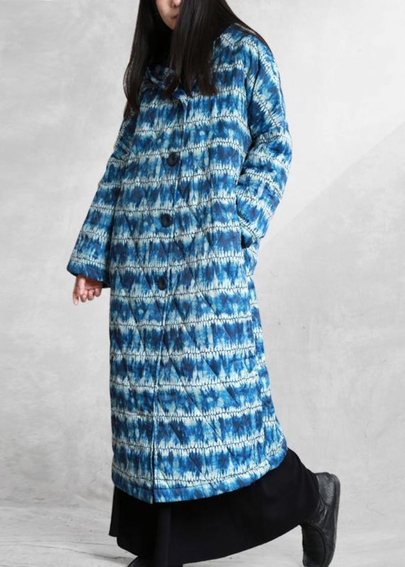 Mode Parka Met Blauwe Print Loszittende Donsjas Met Knopen En - Dames donsjacks