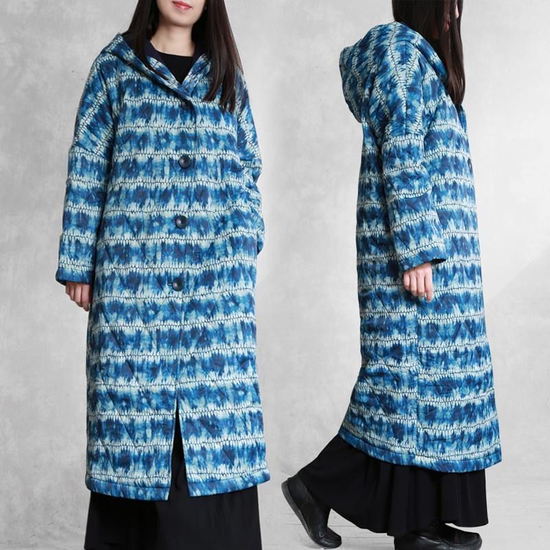 Mode Parka Met Blauwe Print Loszittende Donsjas Met Knopen En - Dames donsjacks