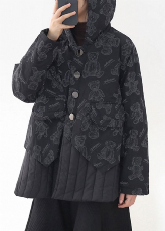 Mode Parka Met Lange Mouwen Zwarte Knopen En Patchwork-print Zakken Met Capuchon