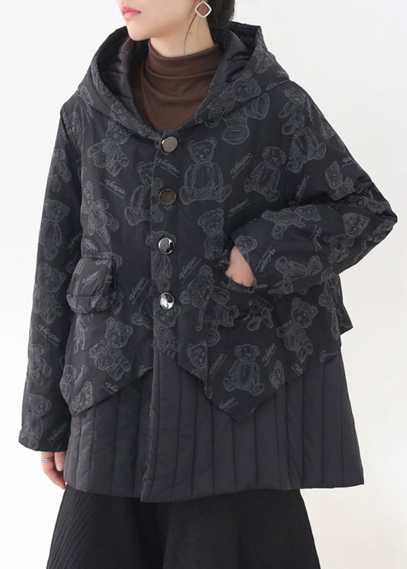 Mode Parka Met Lange Mouwen Zwarte Knopen En Patchwork-print Zakken Met Capuchon - Dames donsjacks