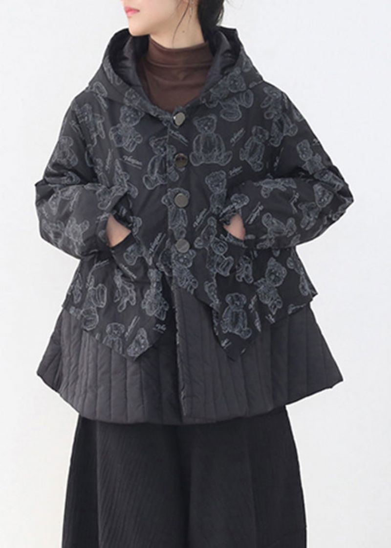 Mode Parka Met Lange Mouwen Zwarte Knopen En Patchwork-print Zakken Met Capuchon - Dames donsjacks