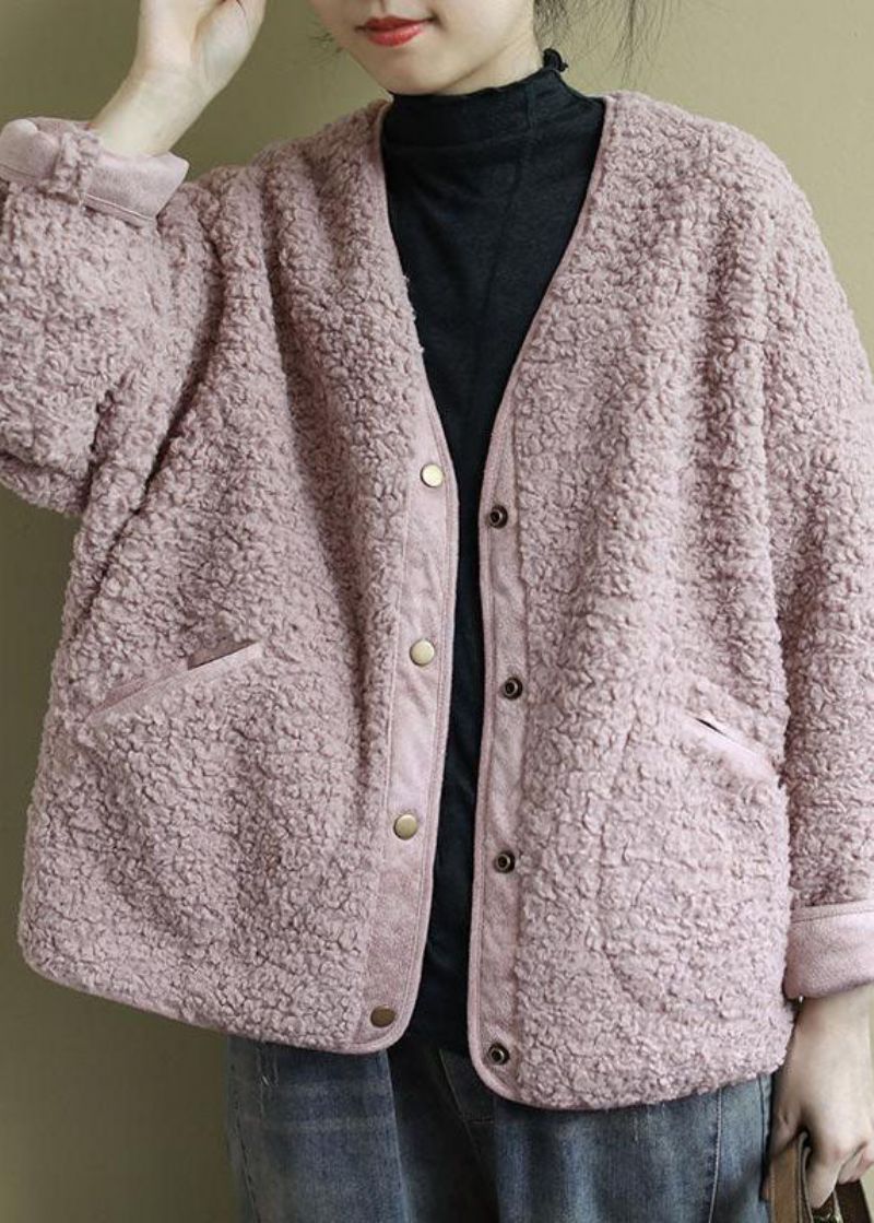 Mode Roze Zakken Knop Casual Herfst Winter Dikke Jassen Nepbont - Dames donsjacks