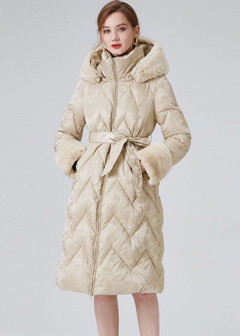 Moderne Beige Konijnenhaarkraag Met Capuchon Eendendonsjassen Winter - Dames donsjacks