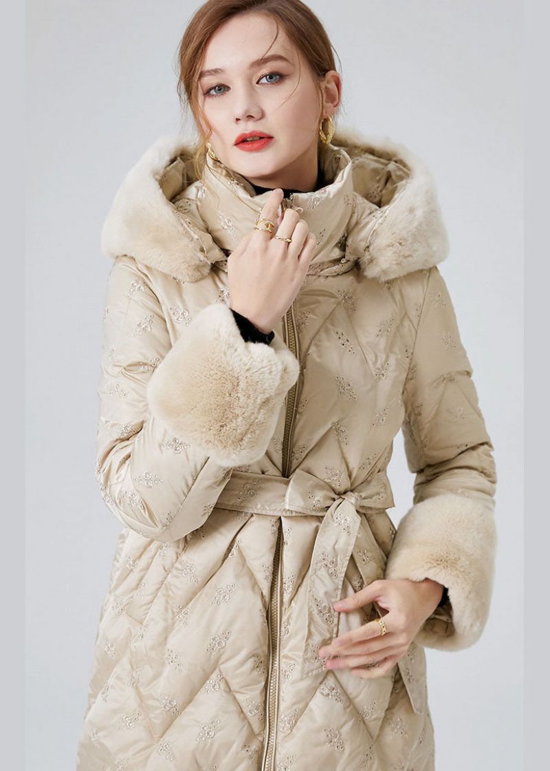 Moderne Beige Konijnenhaarkraag Met Capuchon Eendendonsjassen Winter - Dames donsjacks