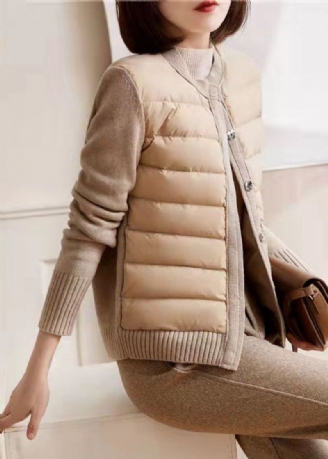 Moderne Beige Witte Kleur O-hals Patchwork Gebreide Parka Met Lange Mouwen