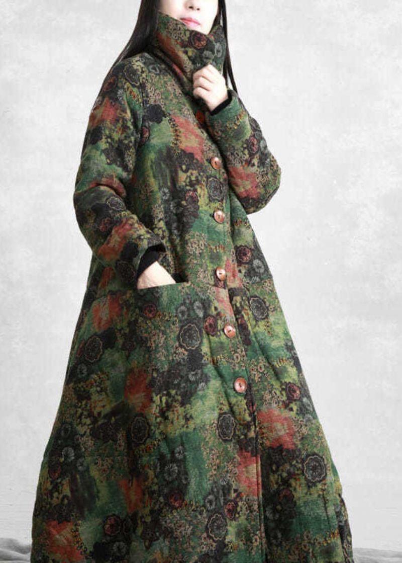 Moderne Groene Print Met Hoge Hals Verleng Fijne Katoenen Jassen Winter - Dames donsjacks