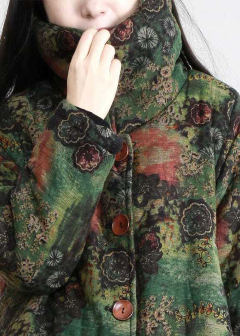 Moderne Groene Print Met Hoge Hals Verleng Fijne Katoenen Jassen Winter - Dames donsjacks