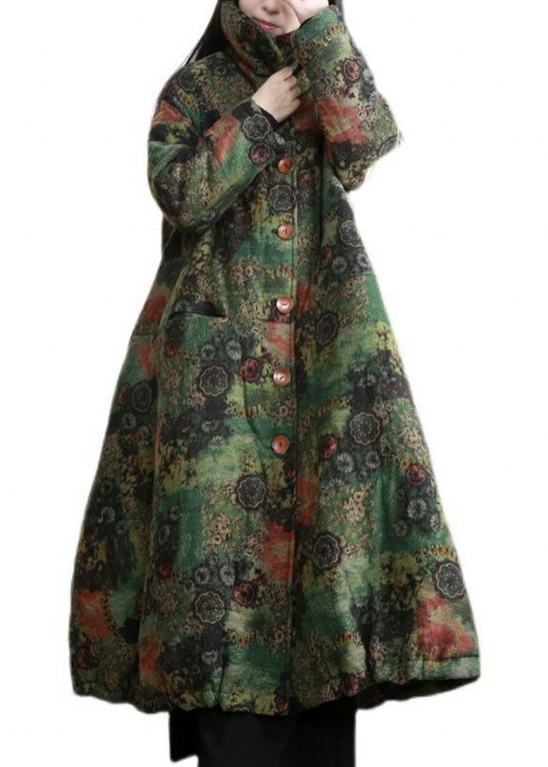 Moderne Groene Print Met Hoge Hals Verleng Fijne Katoenen Jassen Winter - Dames donsjacks