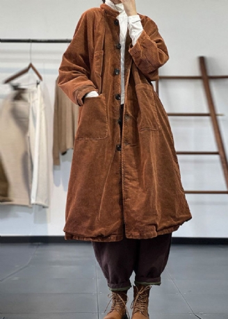 Mooie Gele Oversized Zakken Katoen Gevuld Corduroy Trenchcoat Winter