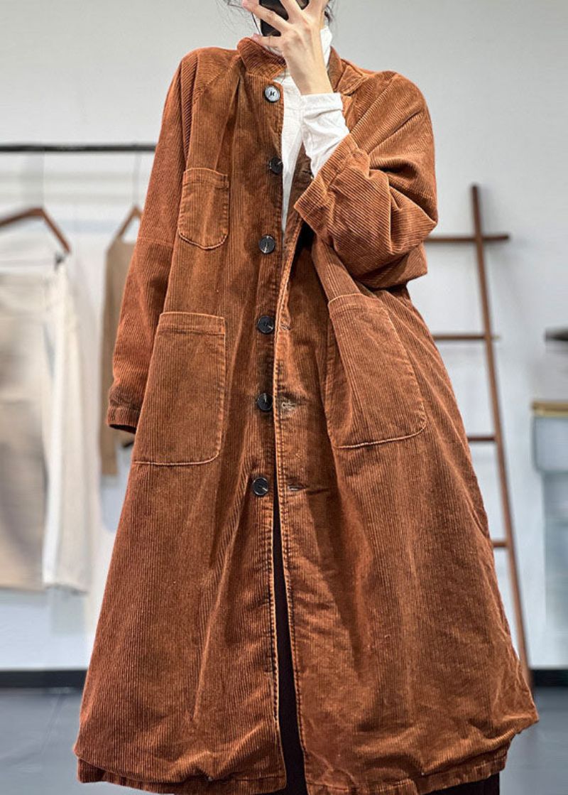 Mooie Gele Oversized Zakken Katoen Gevuld Corduroy Trenchcoat Winter - Geel