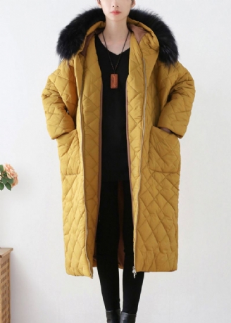 Mooie Gele Warme Lange Parka Met Capuchon En Ritssluiting Winter